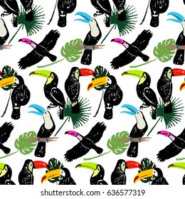 Colorful seamless pattern with hand drawn toucan and leaves on white background.