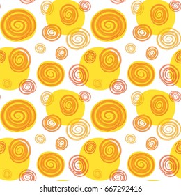Colorful seamless pattern with hand drawn doodle suns, circles and spirals. Brush painted elements on white background. Funny vector summer design for  wrapping, wallpaper, scrapbook, textile print.