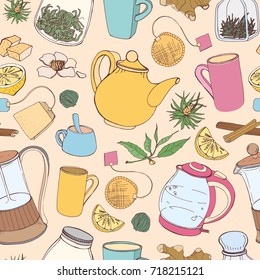 Colorful seamless pattern with hand drawn tools for preparing and drinking tea - electric kettle, french press, teapot, cup, mug, sugar, lemon, herbs and spices. Vector illustration for fabric print.