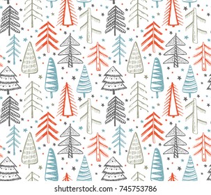 Colorful seamless pattern with hand drawn ornate Christmas trees. Vector endless background of new year symbols in graphic doodle style