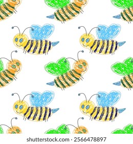 Colorful seamless pattern with hand-drawn bees featuring vibrant green and blue wings and striped bodies.