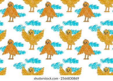 Colorful seamless pattern with hand-drawn birds and fluffy clouds. Perfect for kids projects and decor.