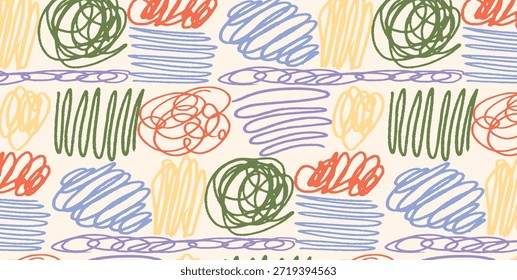 Colorful seamless pattern with hand-drawn crayon scribbles and doodles. Playful and childlike abstract design, perfect for kids textiles, wrapping paper, and nursery decoration.