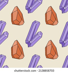 Colorido y sin fisuras, con cristales hechos a mano y joyas en tonos lila y naranja. Ilustración vectorial, diseño plano, dibujos animados.