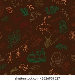 Colorful seamless pattern with hand-drawn doodles hygge lifestyle.Cozy home decor, warm drinks, candles, knitting, lamps, leaves, pastries, and plants a brown background. for fall and winter themes.