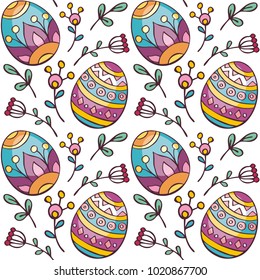 Colorful seamless pattern with hand-drawn Easter eggs. Vector background in doodle style.