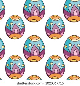 Colorful seamless pattern with hand-drawn Easter eggs. Vector background in doodle style.