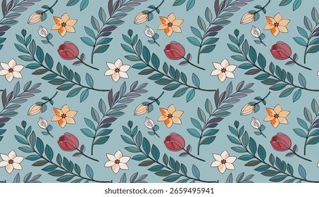 Patrón Inconsútil Colorido, Flores Dibujadas A Mano Y Hojas En Estilo De Arte, Ideal Para Diseños De Tela, Textil O Fondo de pantalla.