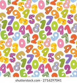 Colorful seamless pattern with hand-drawn numbers. Fun educational background for kids textiles, school stationery, and nursery decor. Vector illustration
