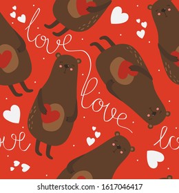 Colorful seamless pattern with happy bears, hearts, english text. Decorative cute wallpaper, good for printing. Overlapping background vector. Design illustration with animals