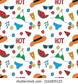 Colorful seamless pattern with hat, sunglasses, swimsuit, watermelon, flowers, and ice cream. Bright background. Summer vacation and travel concept. 