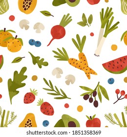 Colorful seamless pattern with healthy fruits, vegetables, berries and greens. Endless background with organic nutritious food. Vector illustration in flat cartoon style