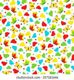 colorful seamless, pattern with  heart and butterfly on  a white  background, vector illustration