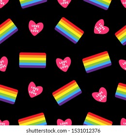 Colorful seamless pattern with heart and LGBT flag. Vector seamless black pattern with gay flag. LGBT pride symbol. Design element for fabric, banner, wallpaper or gift wrap, poster.