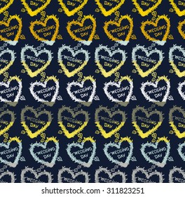 Colorful seamless pattern with heart twig wreath and birch leaf fall forest wedding elements separated by color stripes on dark background.