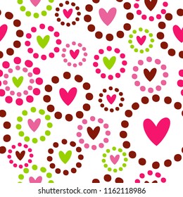 Colorful  seamless pattern with hearts and dots. Valentine's day vector background. For wrapping paper, design of banner, cover, cards, print on clothes for boys and girls. Funny wallpaper for textile