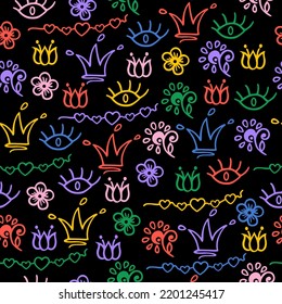 Colorful seamless pattern. Hearts, eyes, flowers, crowns. Fun colorful line doodle shape background. Black backdrop.