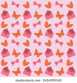 Colorful seamless pattern with hearts, love letter, butterflies and bow. Bright fashionable design. Modern art background. Vector illustration for Valentine Day.