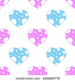 Colorful seamless pattern of hearts on a white background. Simple flat vector illustration. For the design of paper wallpaper, fabric, wrapping paper, covers, web sites.