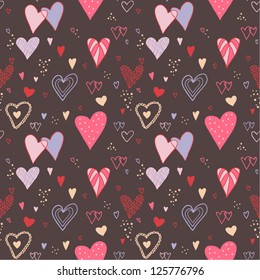 Colorful seamless pattern with hearts on dark. Romantic background with hand-drawn hearts. Valentines day retro illustration. Vector illustration