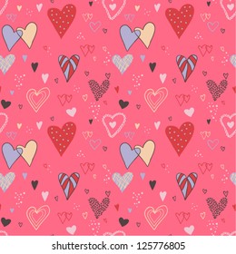 Colorful seamless pattern with hearts on pink. Romantic background with hand-drawn hearts. Valentines day retro illustration. Vector illustration