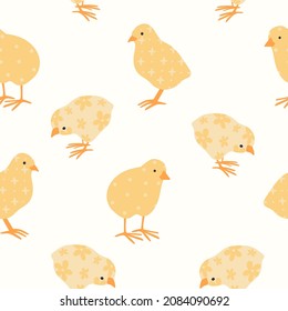 Colorful seamless pattern with hen, chicken, cock, rooster, and chick. Cute poultry with abstract trendy patterns. Vector illustration with funny domestic birds. Trendy isolated print for kids.