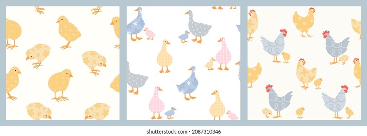 Colorful seamless pattern with hen, chicken, cock, rooster, and chick, goose, gosling. Cute poultry with abstract trendy patterns. Vector illustration with funny domestic birds. Trendy print for kids.