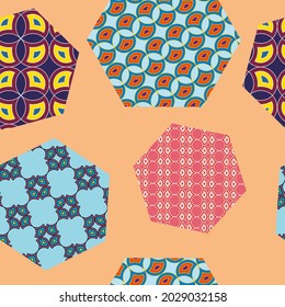 Colorful seamless pattern with hexagons in wave swatches, linear design. Geometric seamless repetitive vector background in bright colors.