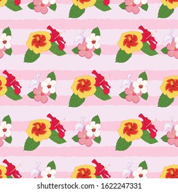 Colorful seamless pattern with hibiscus flowers on pink stripes