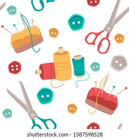 Colorful seamless pattern with highly detailed hand drawn sewing and knitting tools, flat vector illustration. Endless background texture for fashion stores and prints.