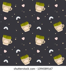Colorful seamless pattern with home plants in a pot, rainbows and heart pills. Hand drawn Fashion print design, vector illustration.