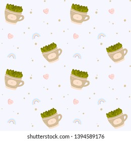 Colorful seamless pattern with home plants in a pot, rainbows and heart pills. Hand drawn Fashion print design, vector illustration.