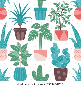 Colorful seamless pattern of home plants on white backdrop. Flat illustrations of monstera, aloe, palm.