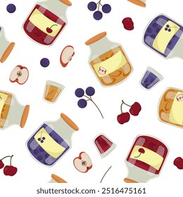 Colorful seamless pattern with homemade canned berries and fruits. Glass jar with cherry, currant and apple compote. Seasonal harvest concept. Image for wallpaper, paper and packaging.