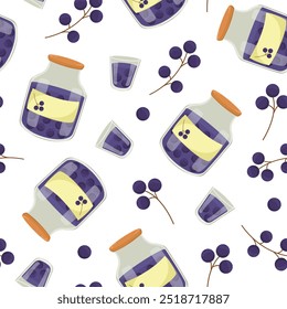 Colorful seamless pattern with homemade canned berries. Glass jar with currant compote. Sweet fruit drink. Seasonal harvest concept. Image for wallpaper, paper and packaging.