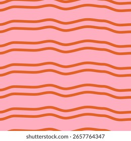 Colorful seamless pattern with horizontal wavy lines on a pink background. Vintage minimal print. Vector illustration