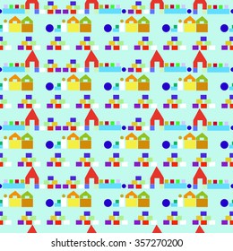 Colorful seamless pattern with houses from wooden children building toy blocks on green background. Can be used for kids wallpaper, web page background, wrapping paper, cover design.