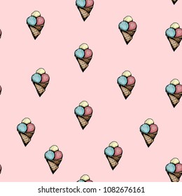 Colorful seamless pattern with ice cream sketches, hand drawing, vector illustration
