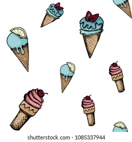 Colorful seamless pattern with ice cream sketches on white background, hand drawing, vector illustration