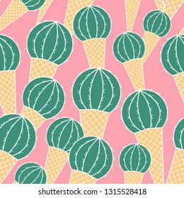 Colorful seamless pattern with ice cream and cactus. Vector abstract illustration