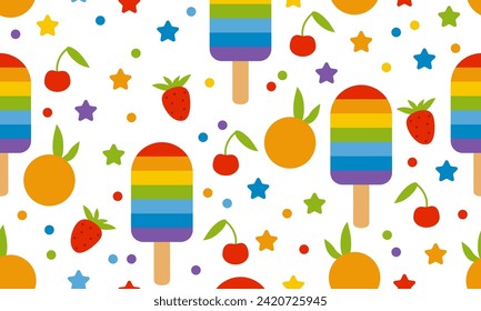 Farbiges, nahtloses Muster mit Eis und Früchten. Sommer tropischer Hintergrund. Farbiges nahtloses Sommermuster mit Früchten und Regenbogeneis
