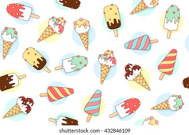 Colorful seamless pattern with ice cream different pastel color in line graphic. Concept graphic design ice cream and popsicle for ice cream shop. Vector illustration