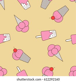 Colorful seamless pattern of ice cream in pop art style. Ice cream background