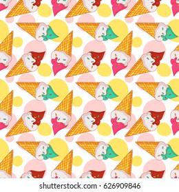 Colorful seamless pattern with ice cream in waffle cones. Summer background. Vector illustration.