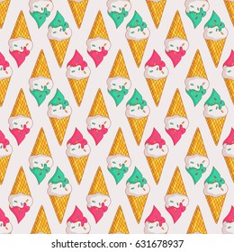 Colorful seamless pattern with ice cream in waffle cones. Summer background. Vector illustration.