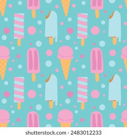 Colorful seamless pattern of ice creams, popsicles, and cones on a pastel blue background.