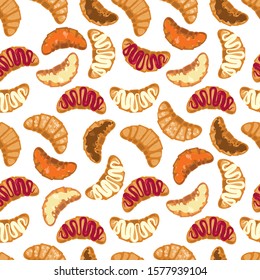 Colorful Seamless pattern with illustration of croissants with jam, butter and chocolate. With transparent background.