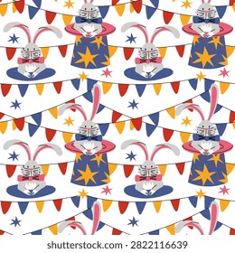 Colorful seamless pattern illustration featuring magician rabbit sitting in top hat surrounded by festive party bunting flags and stars. Flat artwork, perfect for circus theme birthday wallpa, nursery