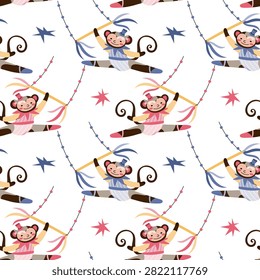 Colorful seamless pattern illustration featuring acrobatic circus monkey doing splits on a tightrope while holding a balancing pole with ribbons. Flat artwork, perfect for circus theme nursery party