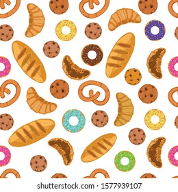 Colorful Seamless pattern with illustration of galzed donuts, cookies, bread, bretzel and croissants with jam, butter and chocolate. With transparent background.